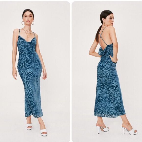 Nasty Gal Velvet Animal Print Cowl Neck Midi Slip Dress in Teal - Picture 1 of 10